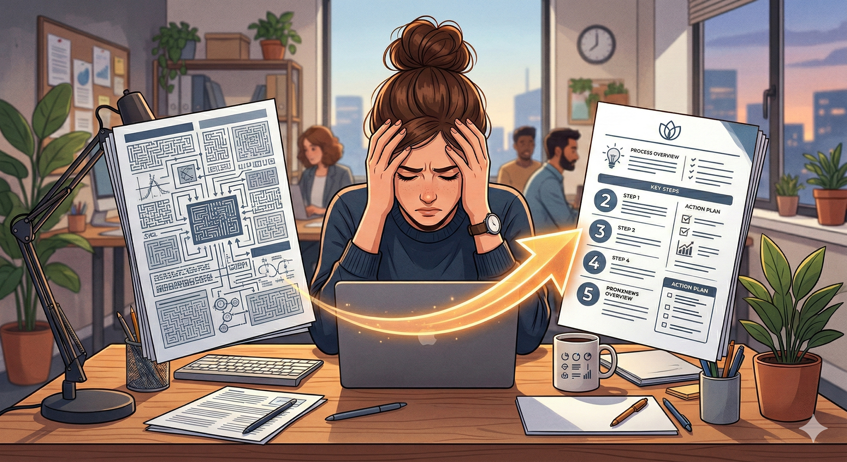 Eine frustrierte Person sitzt mit den Händen am Kopf vor einem Laptop, flankiert von zwei Dokumenten: links ein unleserliches, verschachteltes Diagramm, rechts eine klar strukturierte Schritt-für-Schritt-Anleitung. Ein leuchtender Pfeil zeigt vom chaotischen zum übersichtlichen Dokument — Metapher für den Unterschied zwischen verwirrender und hilfreicher Dokumentation.