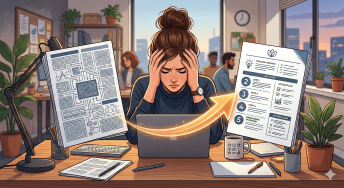 Eine frustrierte Person sitzt mit den Händen am Kopf vor einem Laptop, flankiert von zwei Dokumenten: links ein unleserliches, verschachteltes Diagramm, rechts eine klar strukturierte Schritt-für-Schritt-Anleitung. Ein leuchtender Pfeil zeigt vom chaotischen zum übersichtlichen Dokument — Metapher für den Unterschied zwischen verwirrender und hilfreicher Dokumentation.