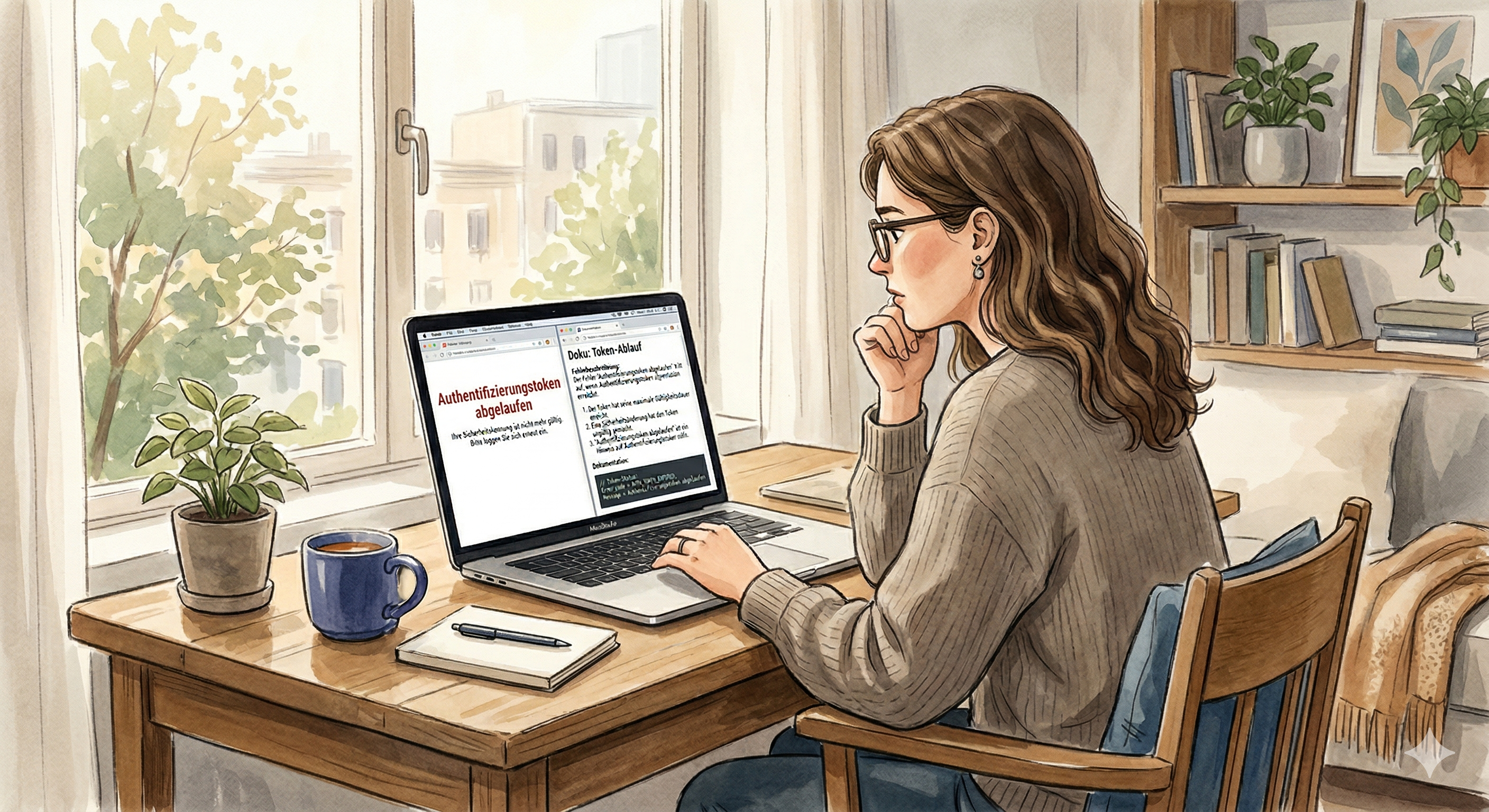 Eine Person sitzt nachdenklich vor einem Laptop, auf dessen Bildschirm eine Fehlermeldung und ein geöffneter Dokumentations-Tab dieselbe Aussage zeigen — ohne zu erklären, was zu tun ist.