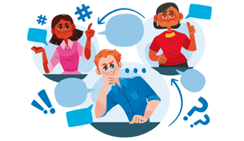 Illustration von drei Personen in dynamischer Diskussion, umgeben von Sprechblasen und Symbolen.